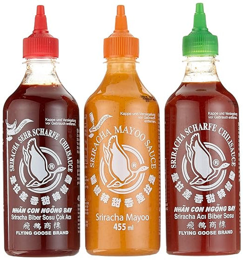 FLYING GOOSE Sriracha scharfe Chilisaucen Mischkarton 3 X 455ml (1 x scharf , 1 x sehr scharf , 1x Mayoo)